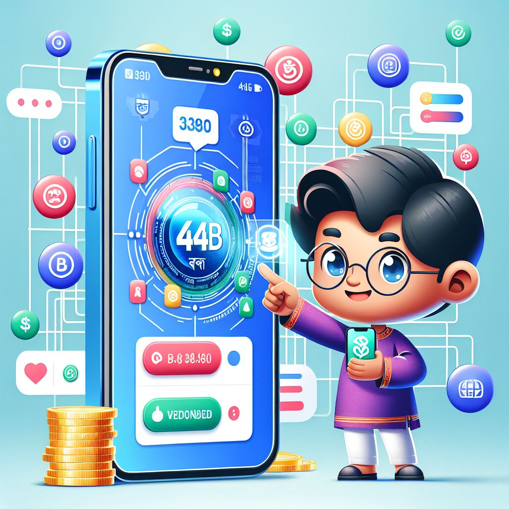 Cartoon character using a smartphone with 44BD app interface and digital coins around