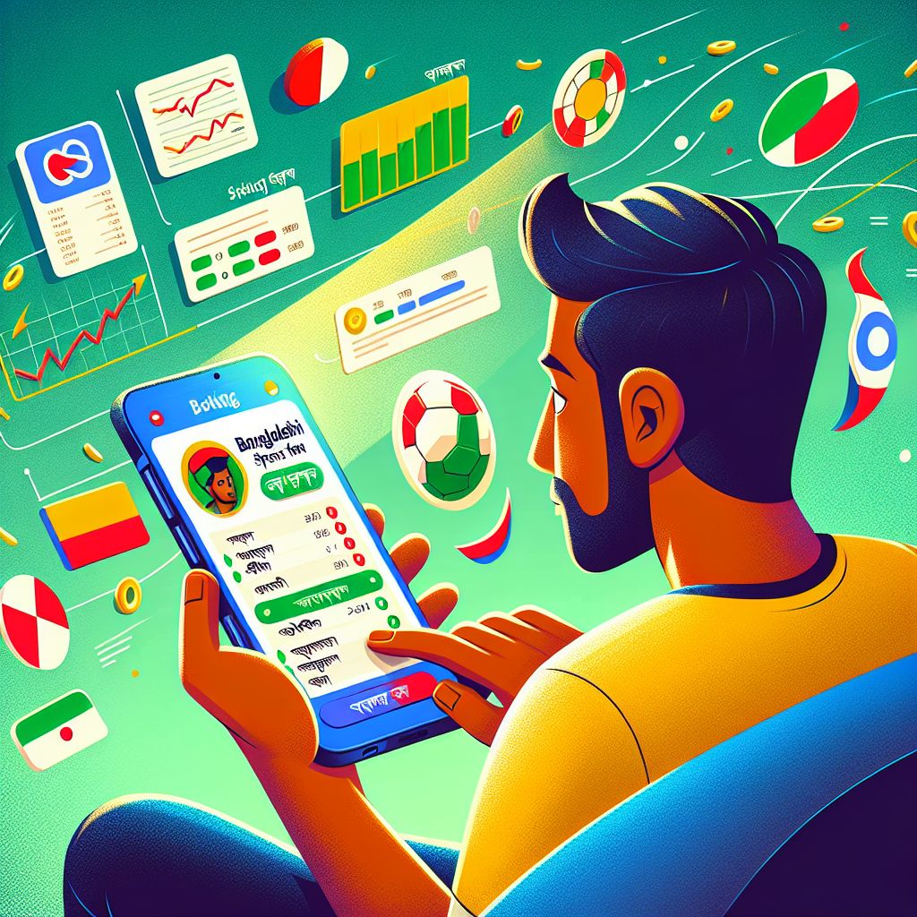 Cartoon Bangladeshi bettor using a mobile app to place bets with dynamic odds on screen