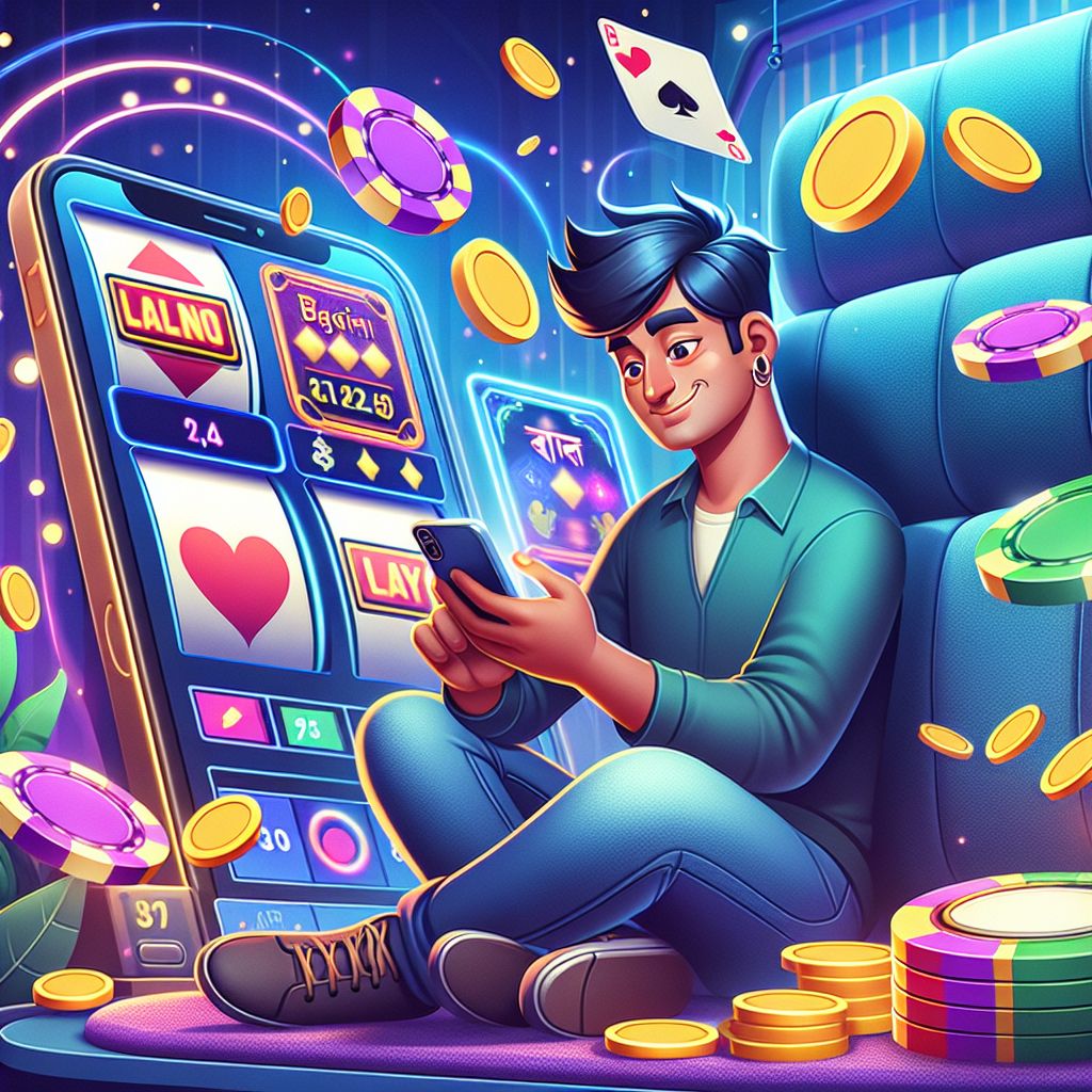 Cartoon character enjoying online casino games on a phone with coins and cards