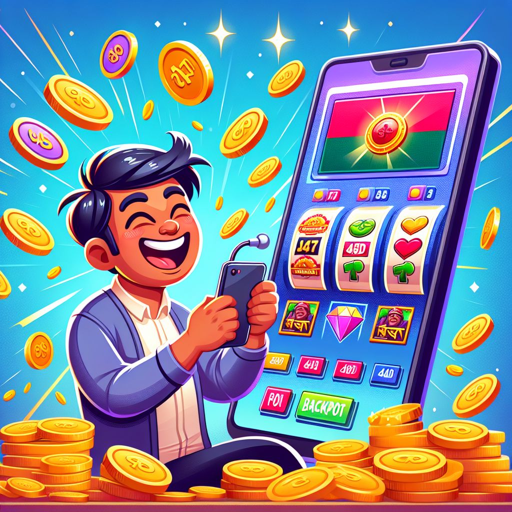 Cartoon-style Bangladeshi player spinning colorful slot reels with coins and jackpots around